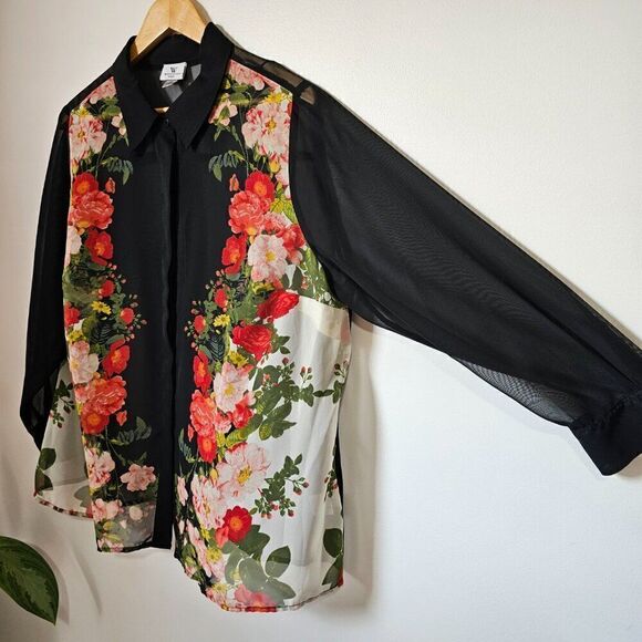 EUC WORTHINGTON WOMAN FLORAL SEMI SHEER BUTTON DOWN SHIRT LONGSLEEVES SIZE 1X - Picture 2 of 14